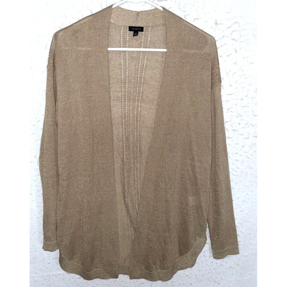 Talbots Cardigan Womens XS Gold Beige Linen Blend Open Front Knit Long Sleeve